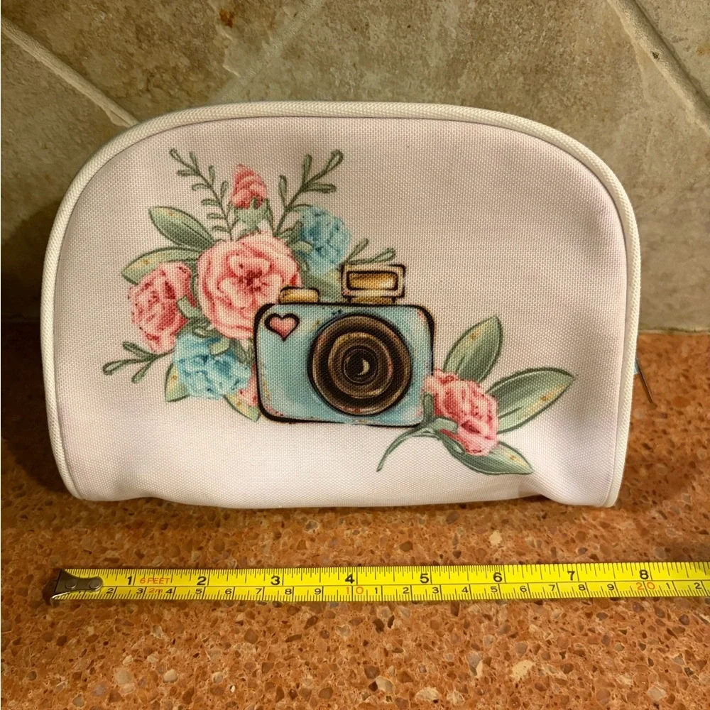 Floral Camera Cosmetic Pouch - White with Pink & Blue Accents